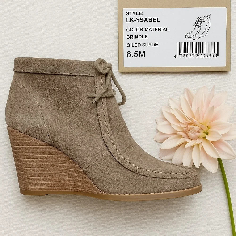 Lucky Brand LK-YSABEL Brindle Oiled Suede Wedge Booties – Size 6.5M